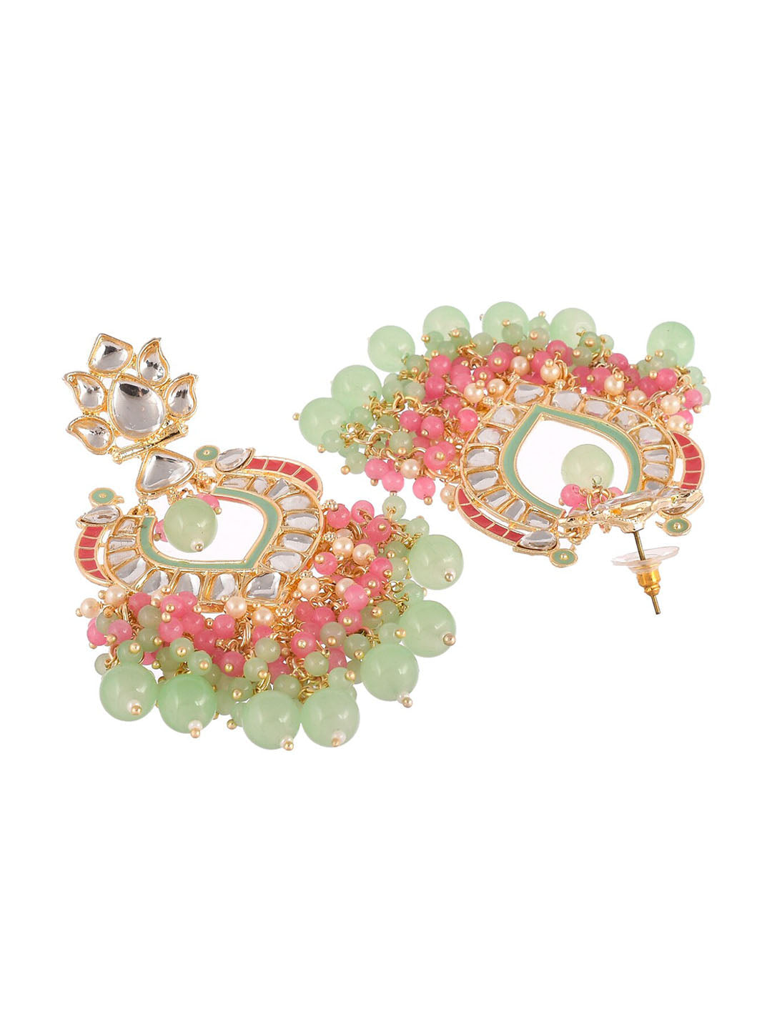 Shoshaa Gold-Polished Green & Pink Enamel Kundan-Studded Drop Earrings
