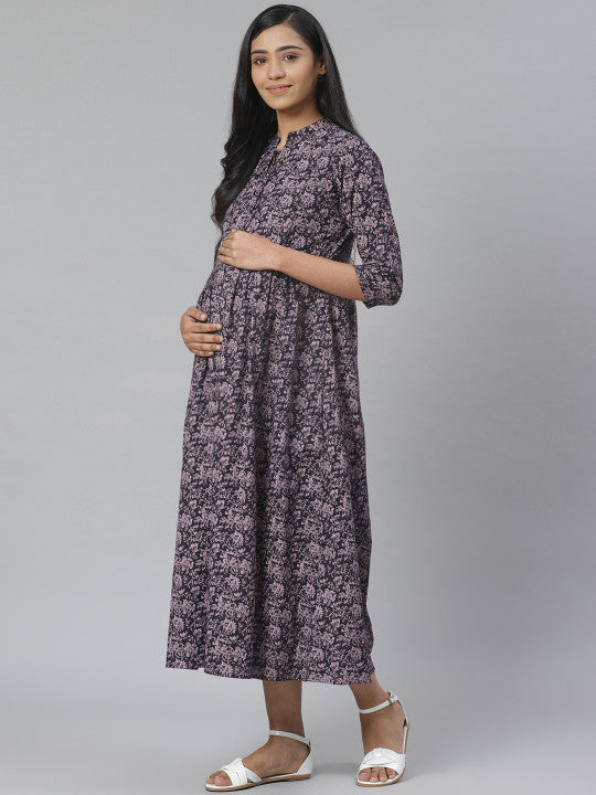 Anayna Women Navy Blue & Pink Printed Pure Cotton Maternity A-Line Dress