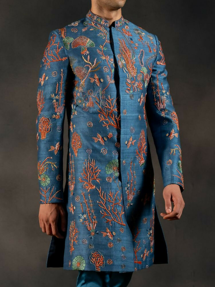 Navy Blue Coral Voyage Hand Embroidered Indowestern Sherwani by Hilo Design