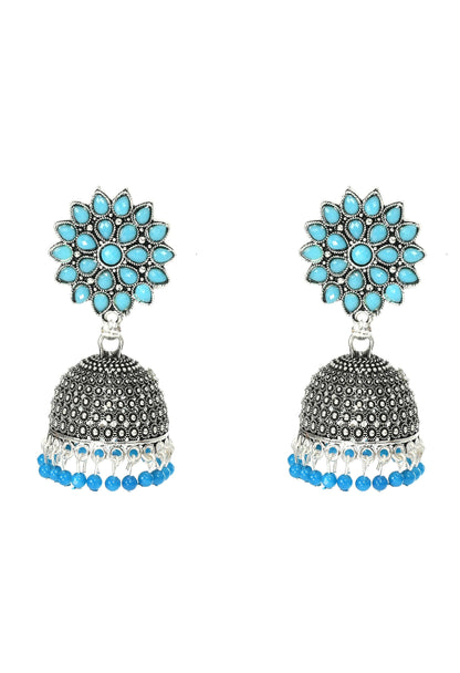 Mominos Fashion Joharkamal Kundan work Jhumka with Sky Blue Beads