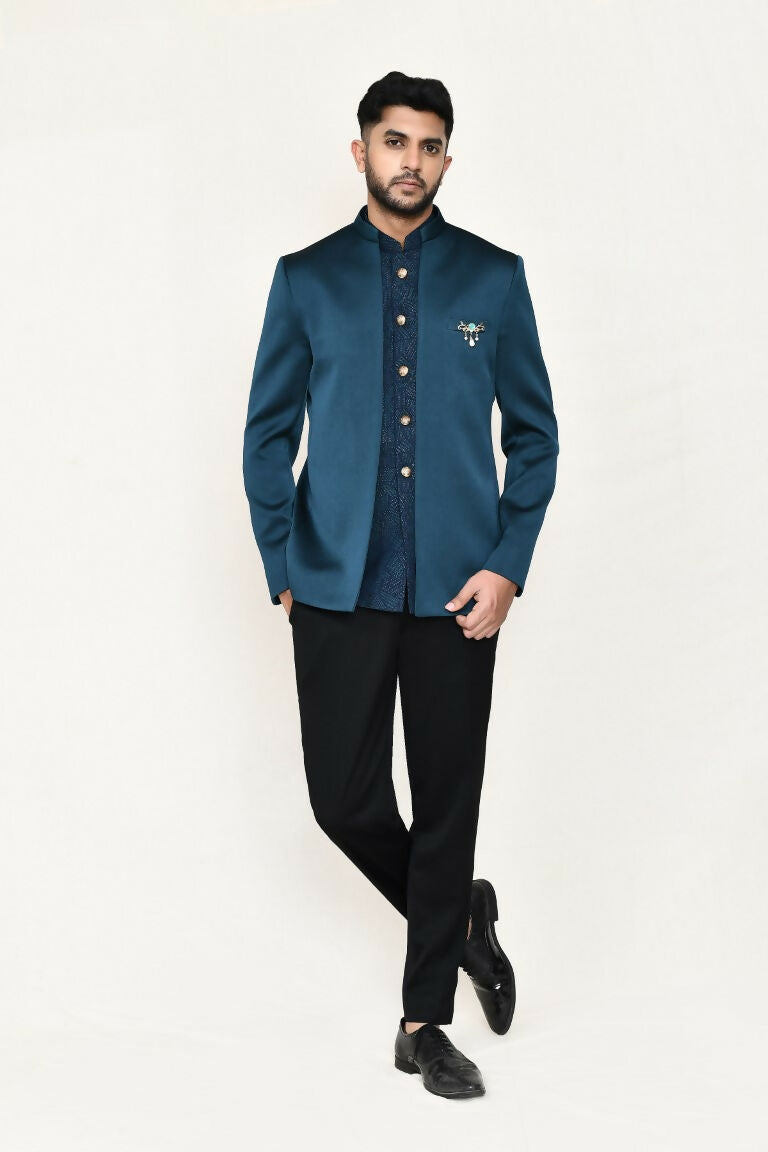 Joban Fashion Green Colored Imported Polyester Fabric Open Prince Coat, Jacket With Pant
