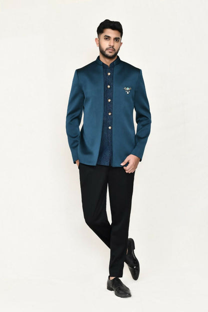 Joban Fashion Green Colored Imported Polyester Fabric Open Prince Coat, Jacket With Pant