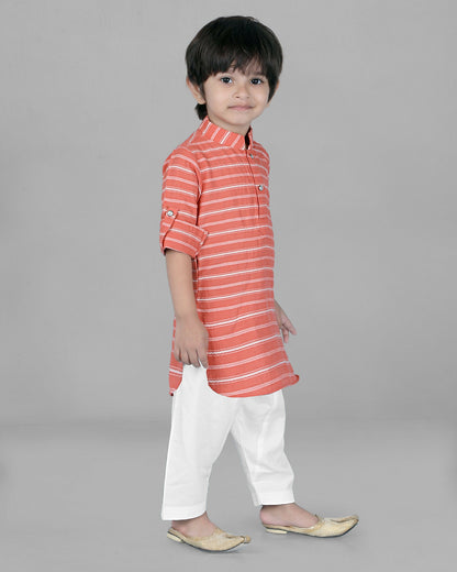 Joban Fashion Kids Island Cotton Full Sleeves Striped Kurta and Pyjama- Peach