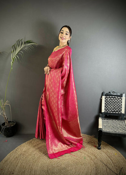 Joban Fashion Rani Pink Paisley & Floral Soft Satin Silk Banarasi Silk Saree