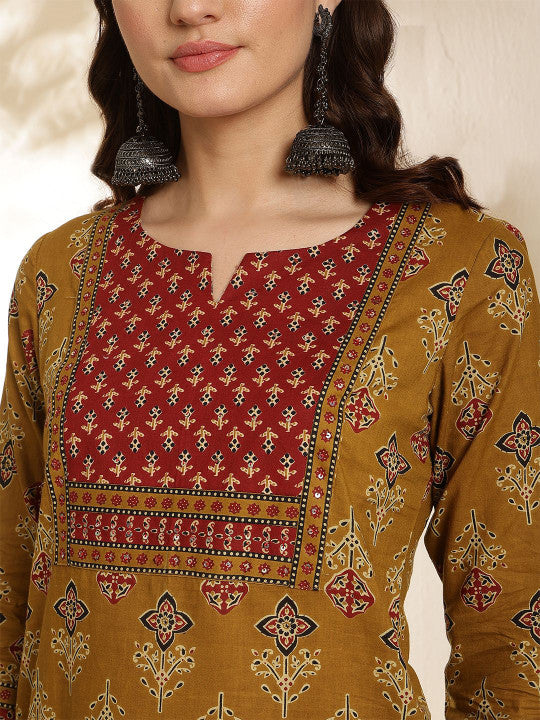 Sangria Floral Printed Pure Cotton Straight Kurta & Trousers With Dupatta
