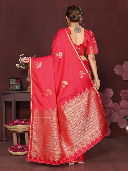 Joban Fashion Reddish Pink Floral Banarasi Silk Sarees