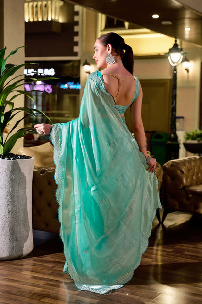 Vastranavya Turquoise Embroidery Work Shimmer Chiffon Saree with Unstitched Blouse