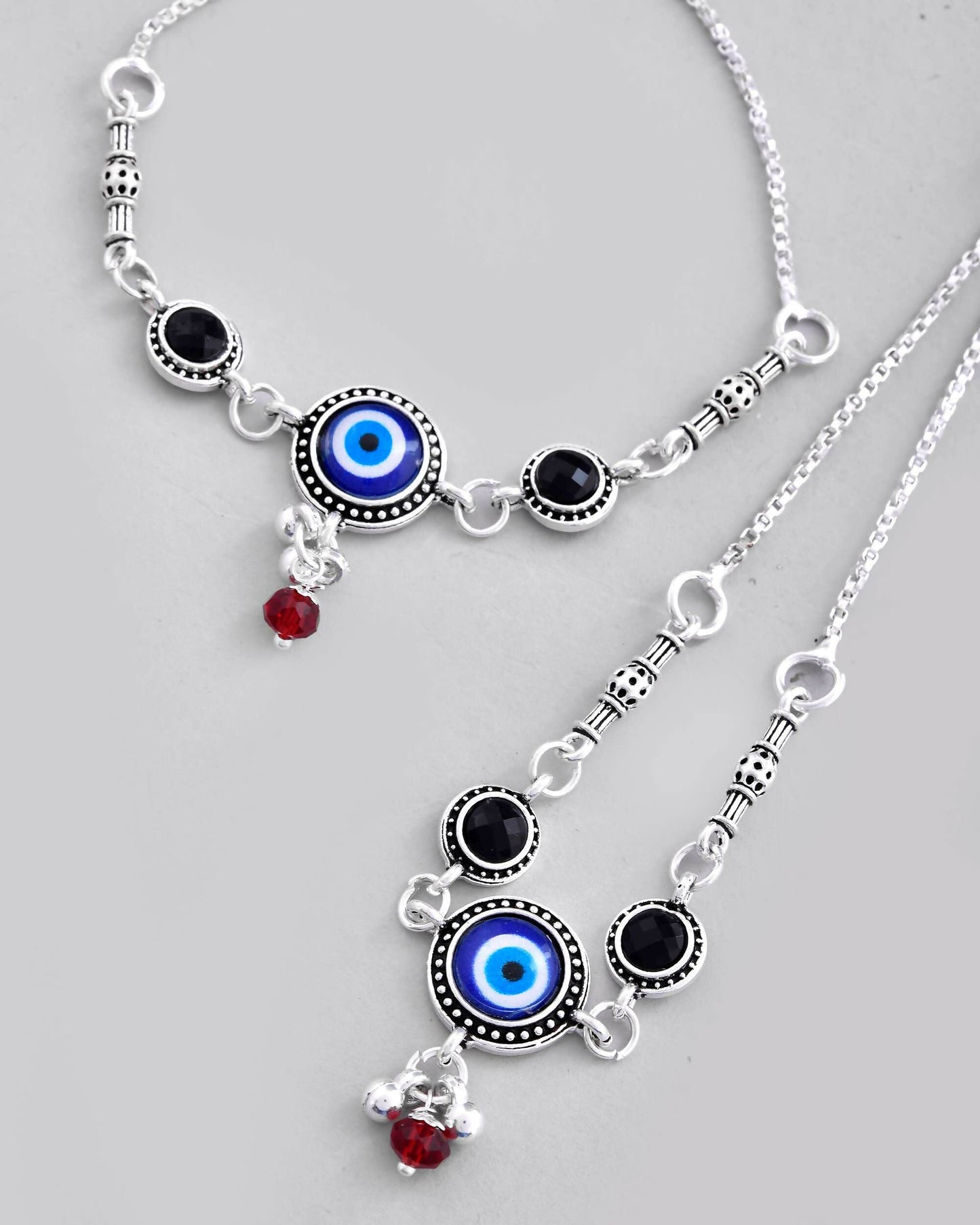 VOJ Set of 2 Silver Plated Evil Eye HandCrafted Adjustable Anklet