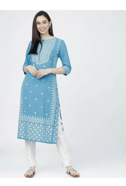 Indian Clothing Cheera Embellished Daily Wear Cotton Blend Kurta - Sky Blue
