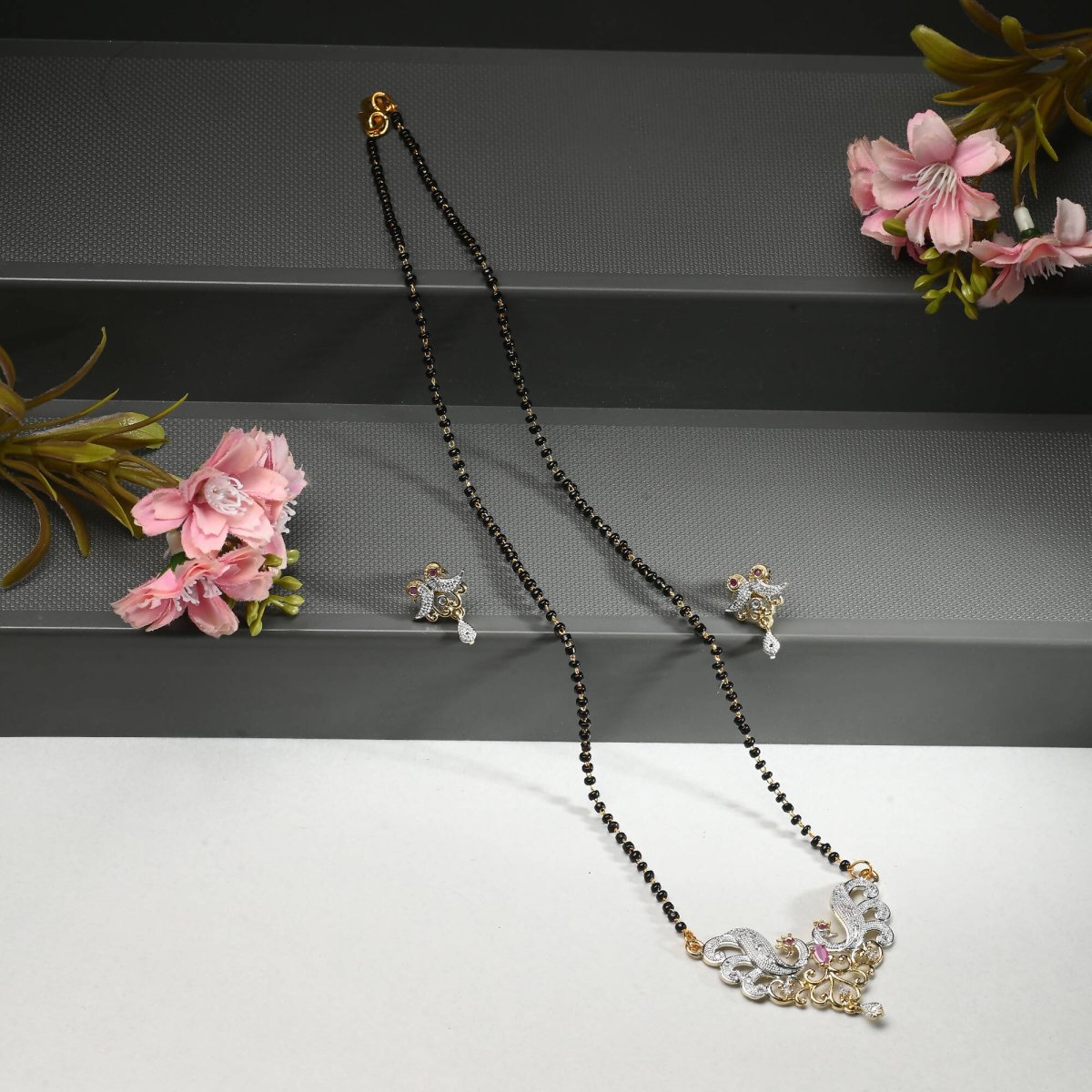 AanyaCentric Gold-Polished Mangalsutra Pendant Earring Set & Silver Plated Anklet