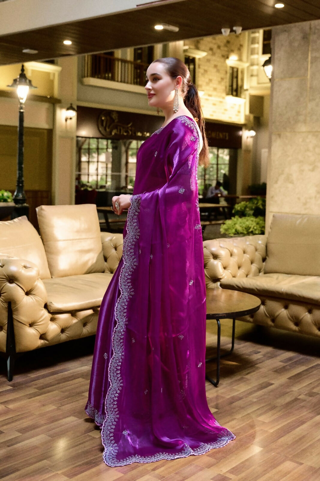 Vastranavya Purple Embroidery Work Shimmer Chiffon Saree with Unstitched Blouse