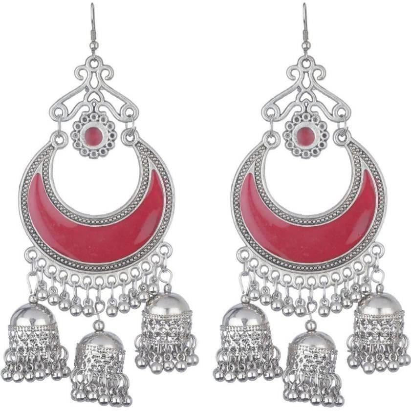 MS Fashion India Oxidized German Silver Cherry Red Chandbali Jhumkis Hook Earrings