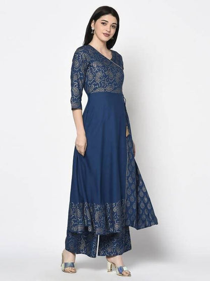 Aniyah Rayon Blue Color Foil Print Angrakha Anarkali Palazzo Set (AN-207K)