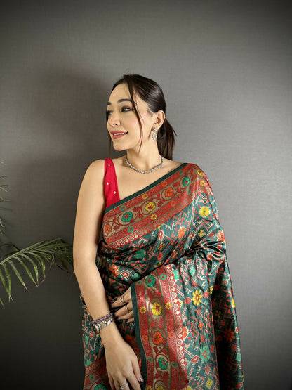 Joban Fashion Dark Green Banarasi Soft Silk Woven Saree