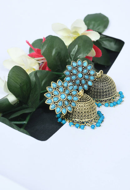 Mominos Fashion Johar Kamal Beautiful Kundan Work Jhumka With Sky Blue Beads