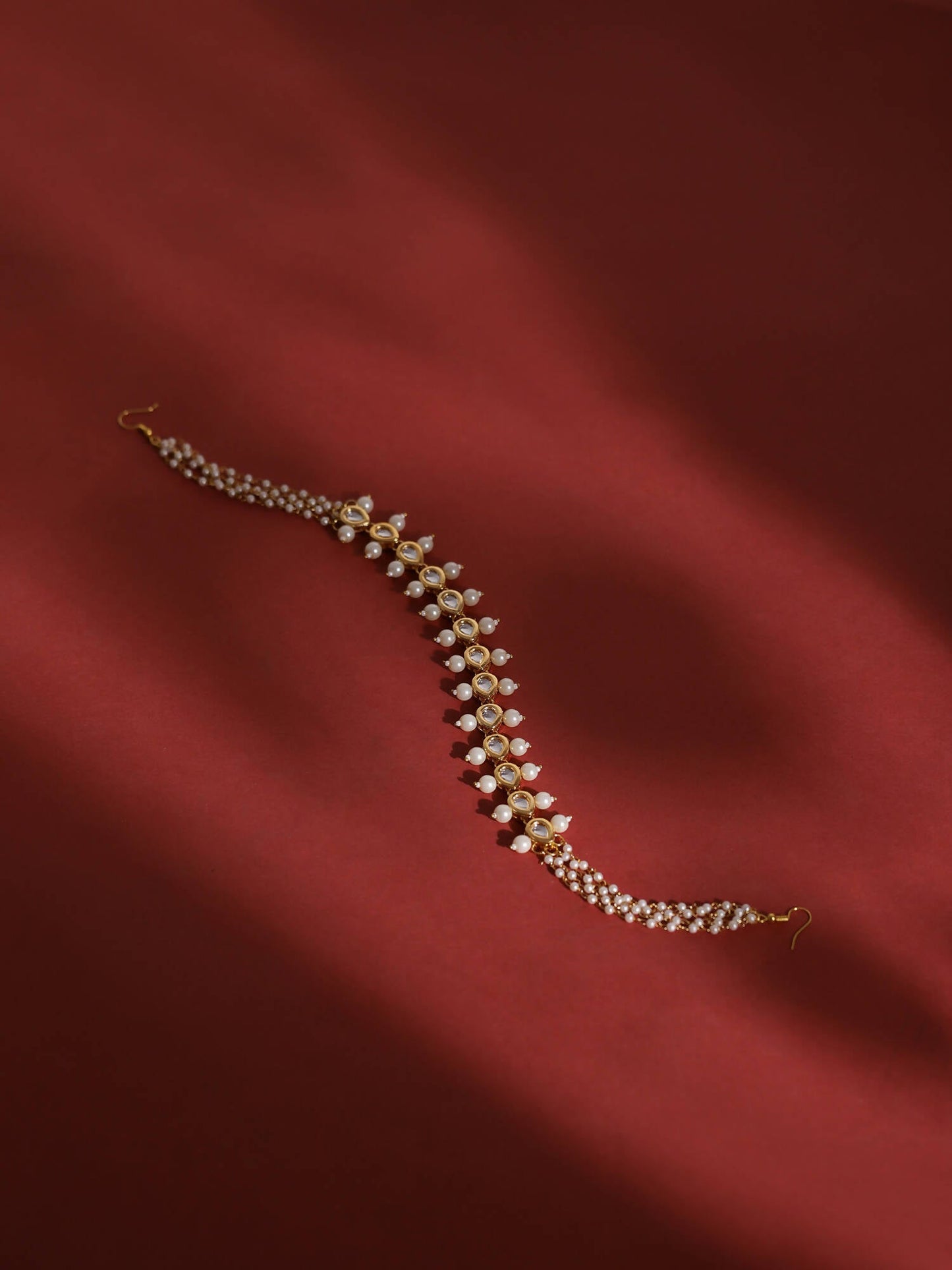 Gold-Polished White Kundan-Studded Pearl Beaded Hair Band - Ruby Raang