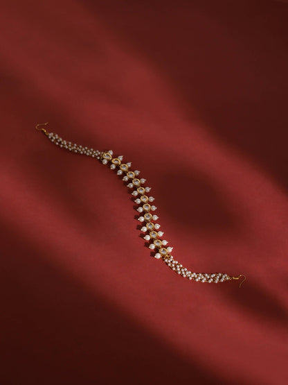 Gold-Polished White Kundan-Studded Pearl Beaded Hair Band - Ruby Raang