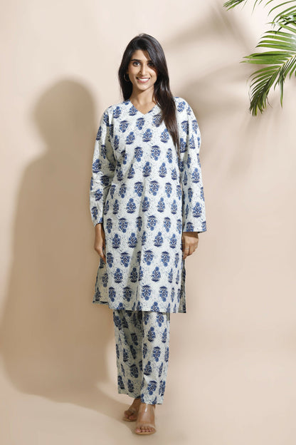 Breathables Women’S Cream Cotton Indian Motif Butta Loungewear Co-Ord Set – Long Kurta & Pants