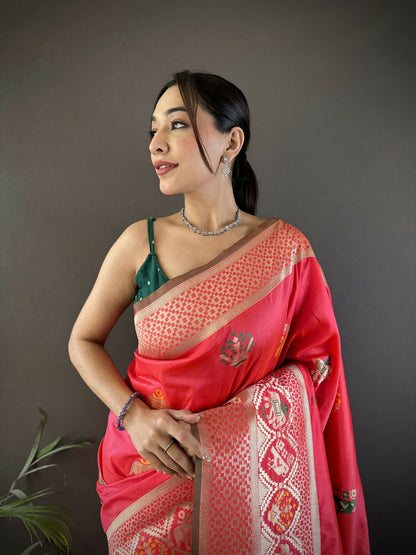 Joban Fashion Peach Elephant & Floral Motifs Soft Lichi Silk Banarasi Saree