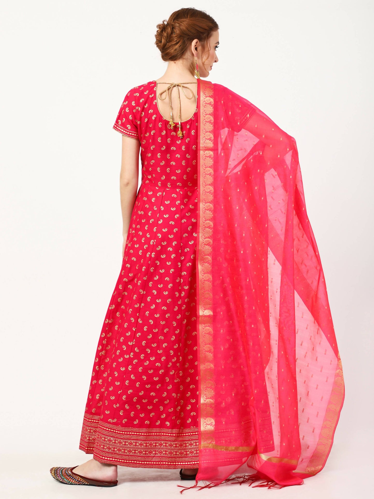 Cheera Women's Deep Pink Cotton & Silk Hand Block Print Long Dress With Silk Dupatta Set