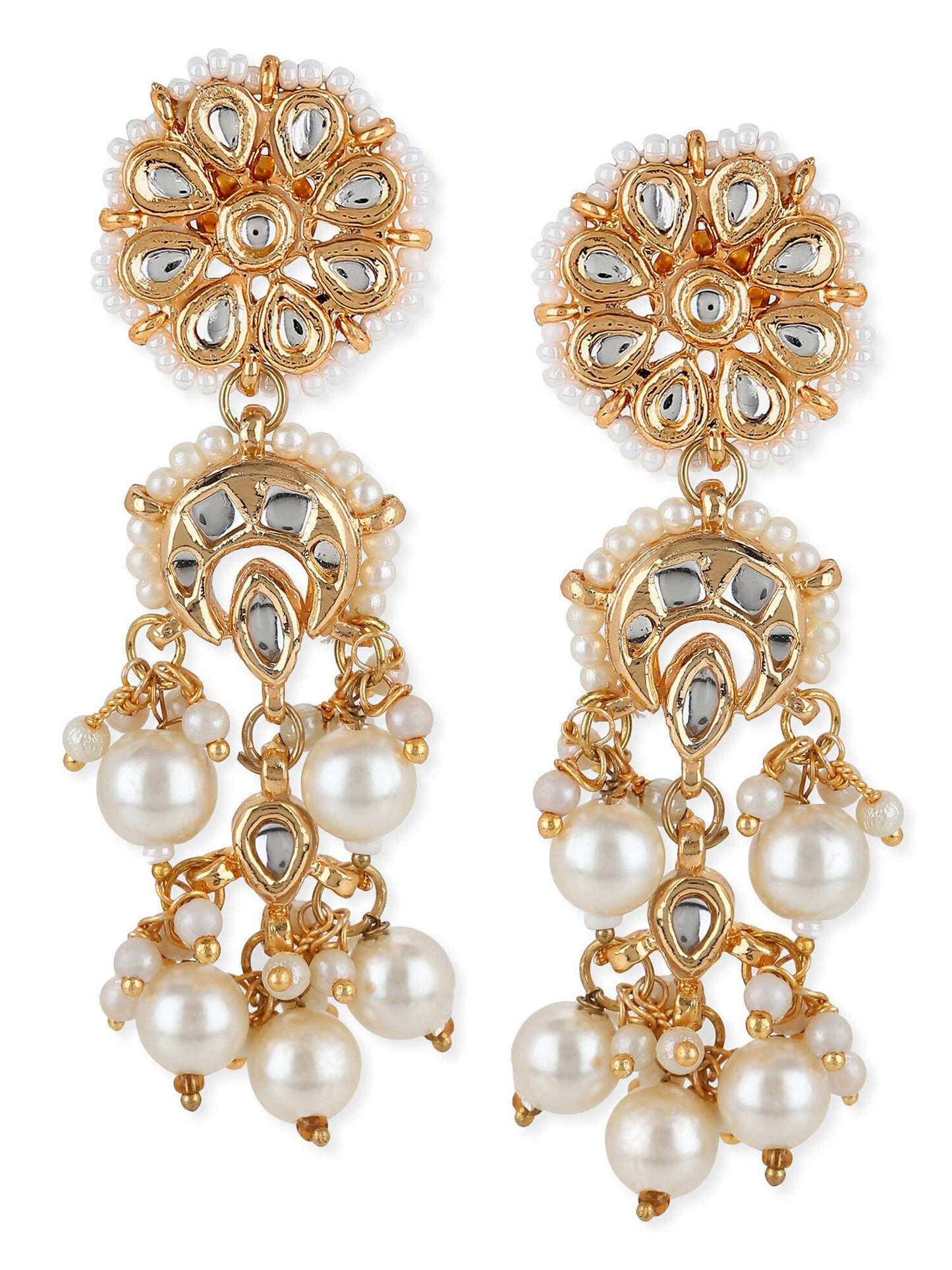 Gold-Toned White Pearl Beaded Contemporary Gold-Polished Jhumkas Earrings - Ruby Raang