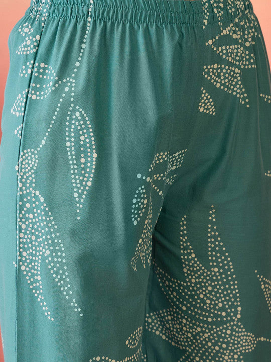 Sangria Blue Floral Printed V-Neck A-Line Pure Cotton Kurta Set
