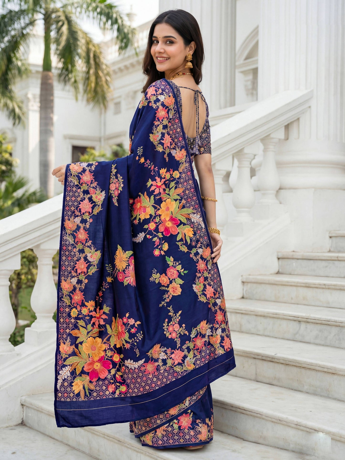 Aastha Fashion Royal Blue Premium Russian Silk Designer Floral Position Print Saree
