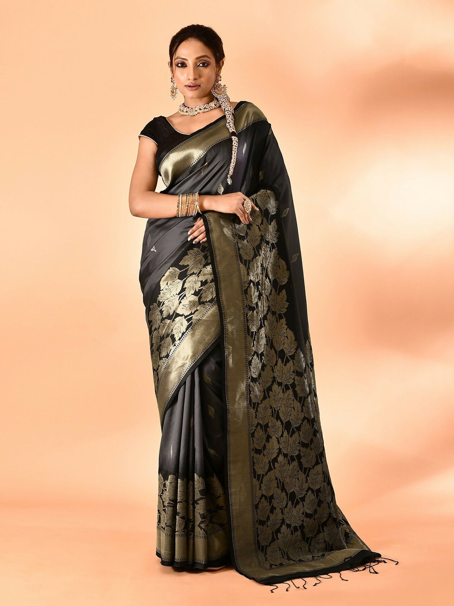 Joban Fashion Grey & Black Plain With Weaving Border Banarasi Silk Sarees