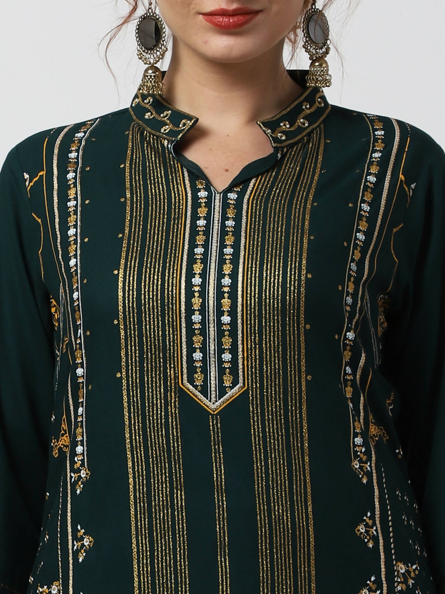 Cheera Embellished Daily Wear Cotton Blend Kurta With Palazoo - Bottle Green