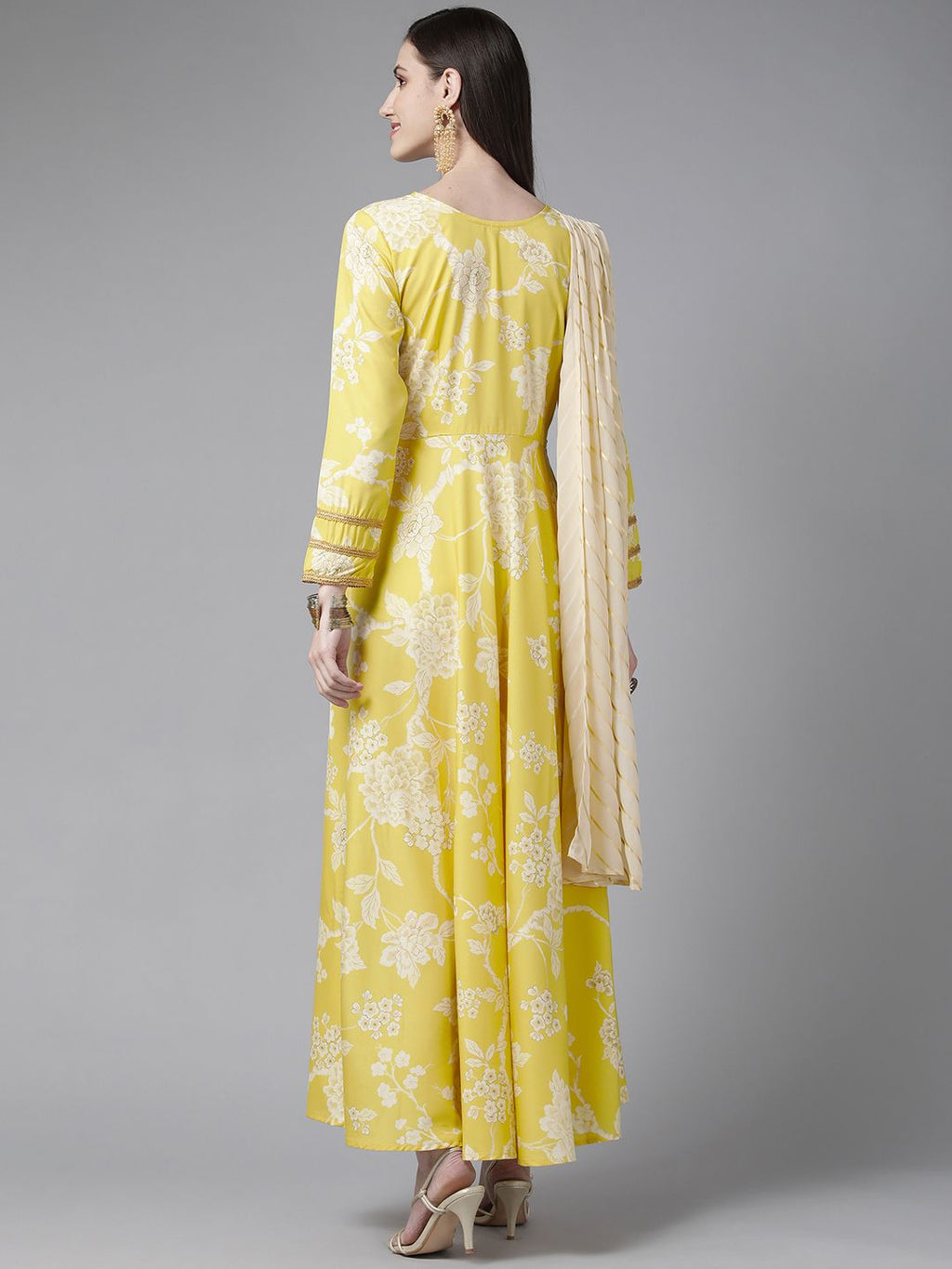 Ahalyaa Womens Lemmon Yellow Crepe Digital Printed Drapped Dress