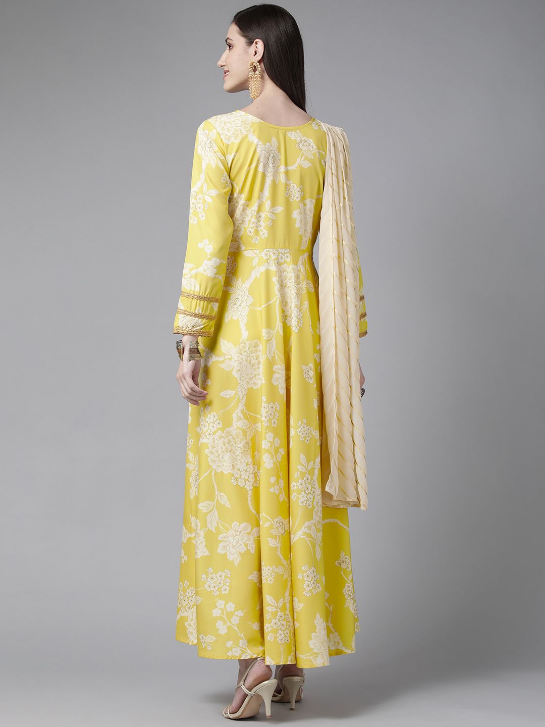 Ahalyaa Womens Lemmon Yellow Crepe Digital Printed Drapped Dress