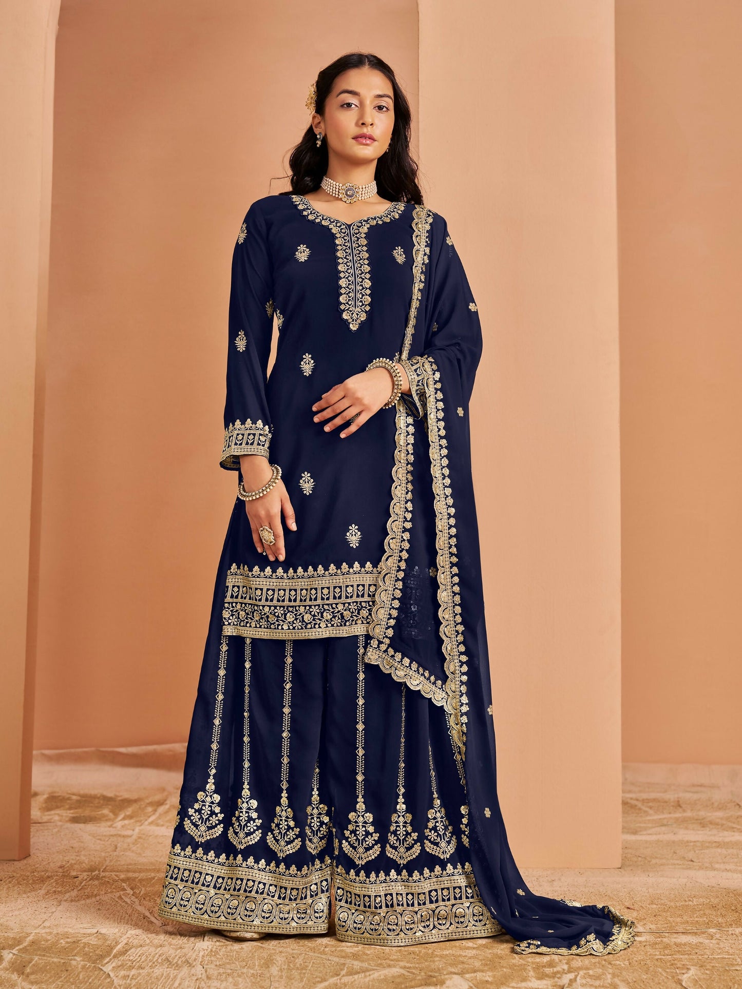 Anaita Navy Blue Premium Georgette Embroidered Stitched Salwar Suit