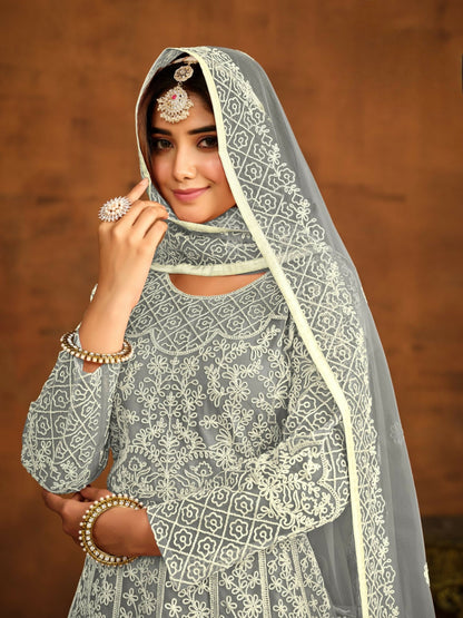 Anaita Grey Embroidered Net Anarkali Suit