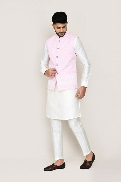 Joban Fashion White Colored Art Silk Fabric Kurta, Jacket With Straight Fit Pant