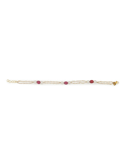Gold-Polished Pink White Pearl Beaded Anklets Set Of 2 - Ruby Raang