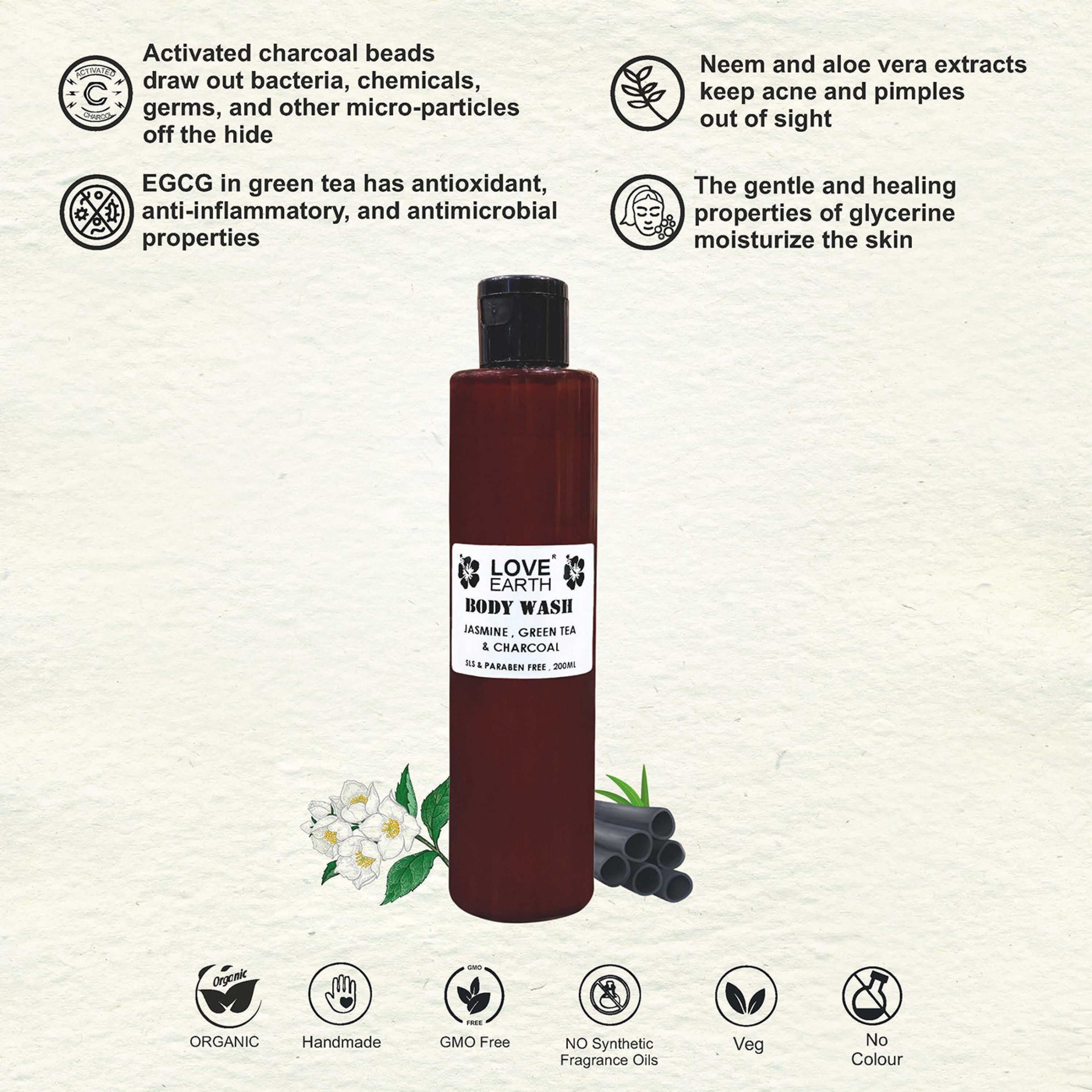 Love Earth Body Wash - Jasmine, Green Tea & Charcoal - 200ml
