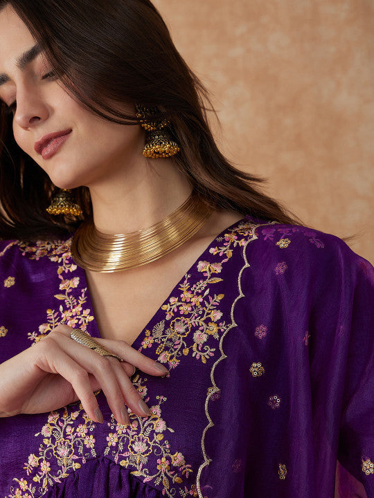 Sangria Alia Cut Ethnic Motifs Embroidered Anarkali Kurta With Palazzo & Dupatta Set
