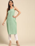 Anayna Women Green Pure Cotton Kantha Work Striped Kurta