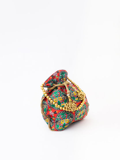 NR By Nidhi Rathi Red & Green Printed Potli Clutch