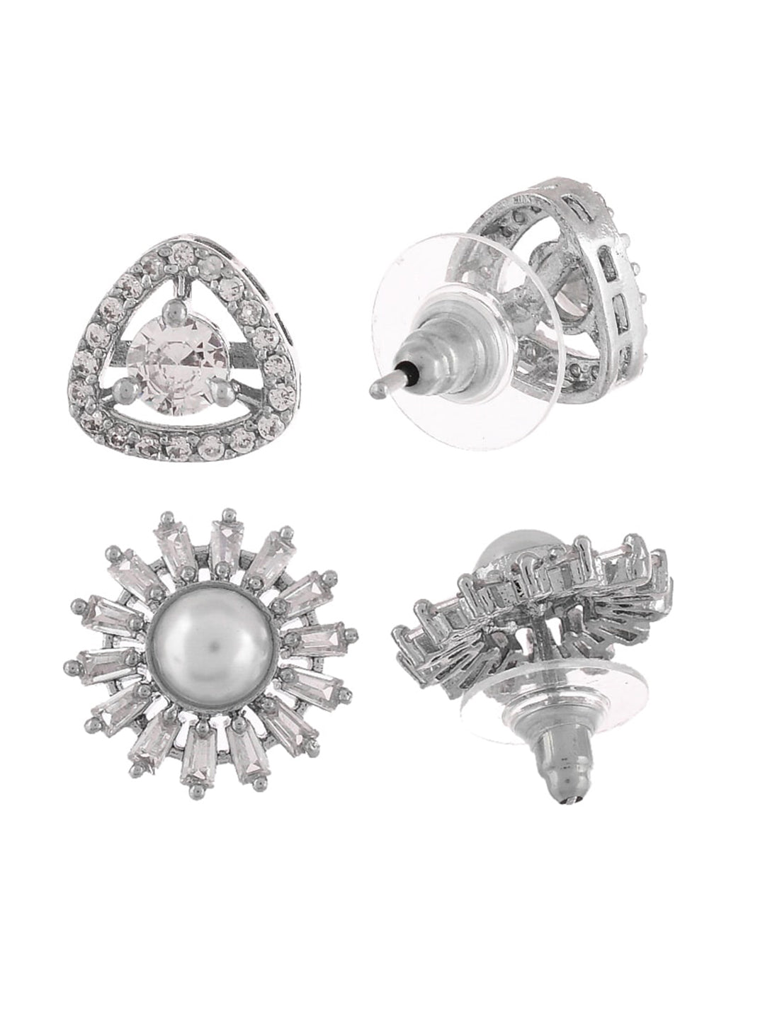 Shoshaa Set of 2 Silver-Toned Ad Stones Contemporary Studs Earrings