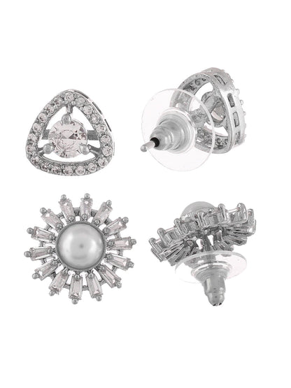 Shoshaa Set of 2 Silver-Toned Ad Stones Contemporary Studs Earrings