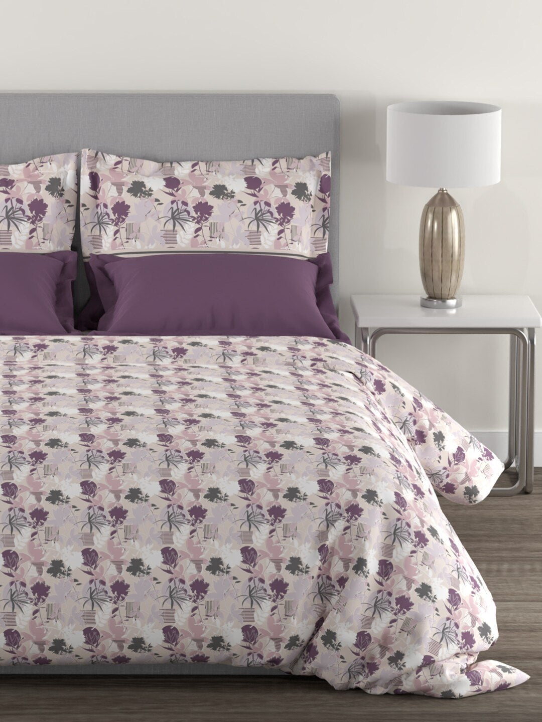 MYTRIDENT Mauve White Floral Cotton 144 TC Queen Bedsheet With 2 Pillow Covers