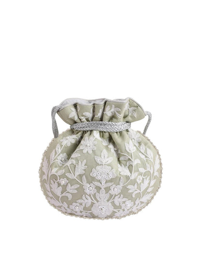 Masq Green & White Embellished Embroidered Potli Clutch