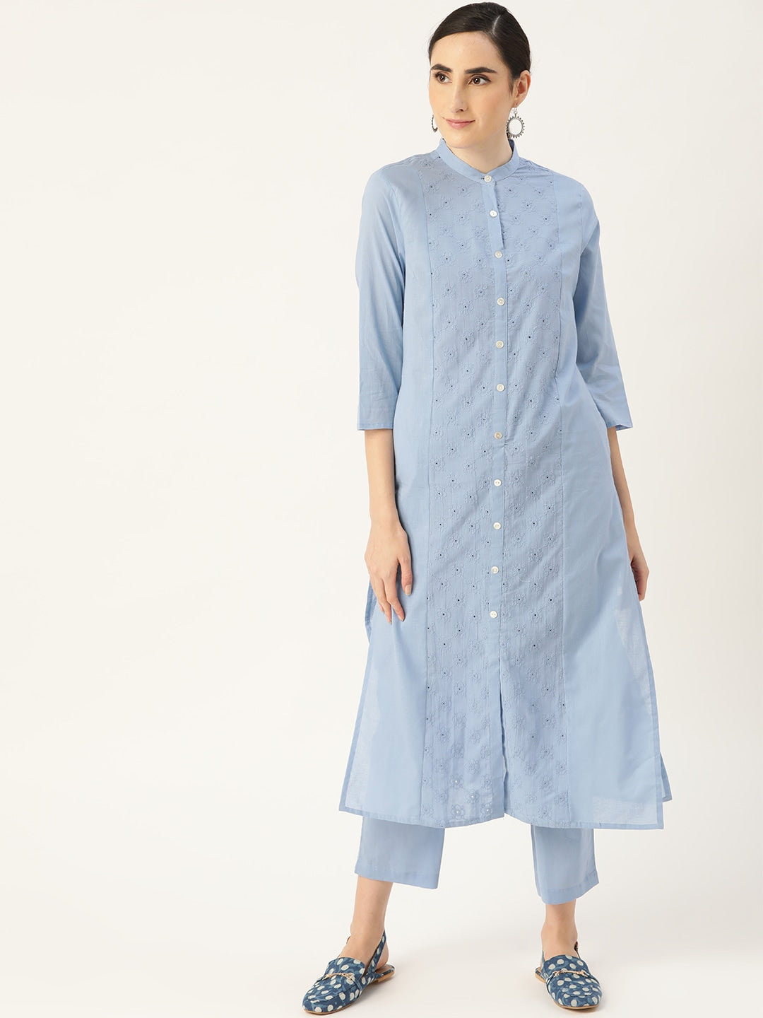 Anouk Women Blue Ethnic Motifs Embroidered Panelled Pure Cotton Kurta with Trousers