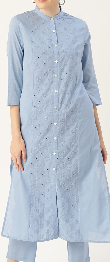 Anouk Women Blue Ethnic Motifs Embroidered Panelled Pure Cotton Kurta with Trousers