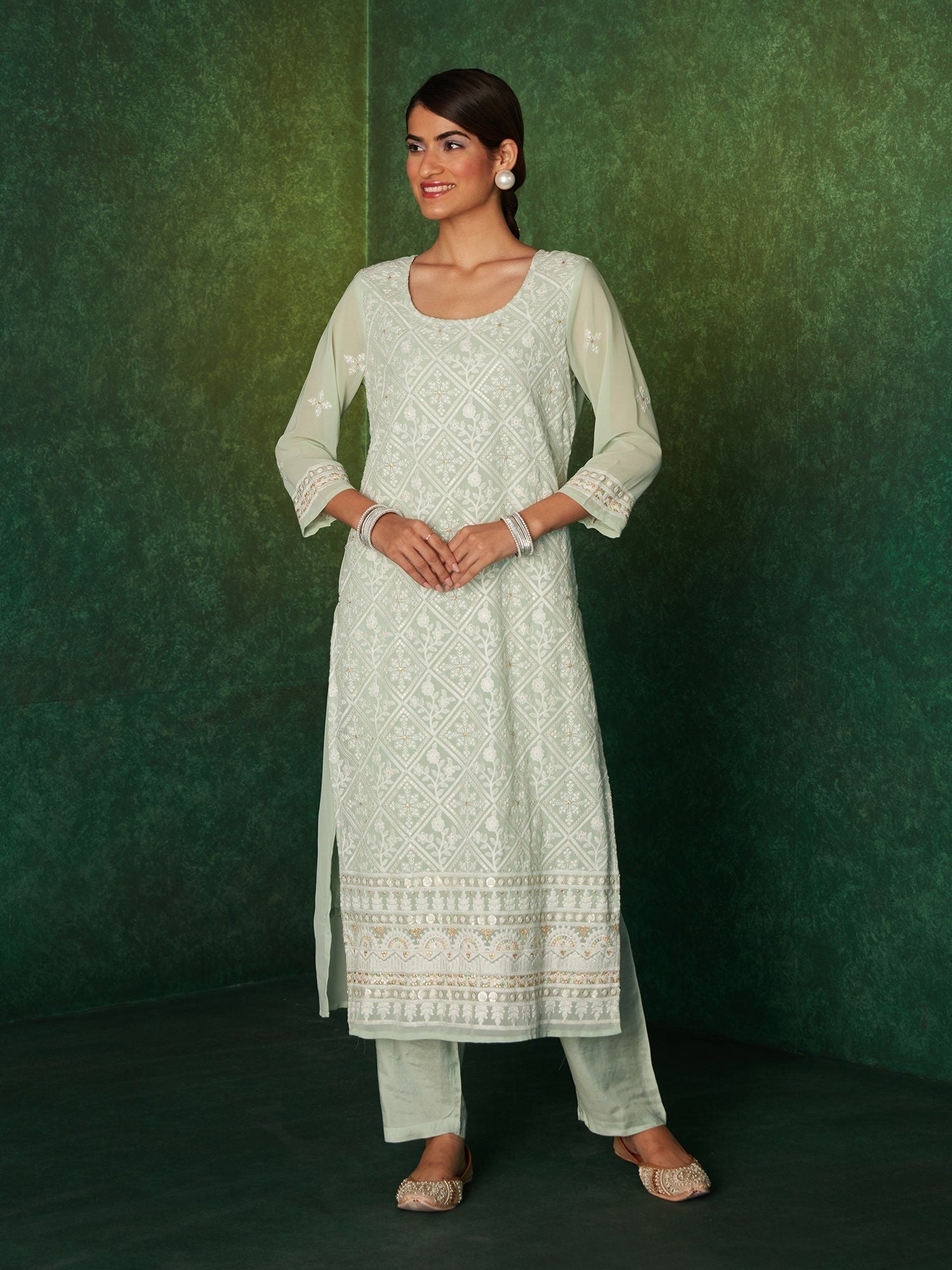 Likha Karigiri Green Heavy Embroidered Kurta, Pant & Dupatta LIKSKD165 (Set of 3) - S