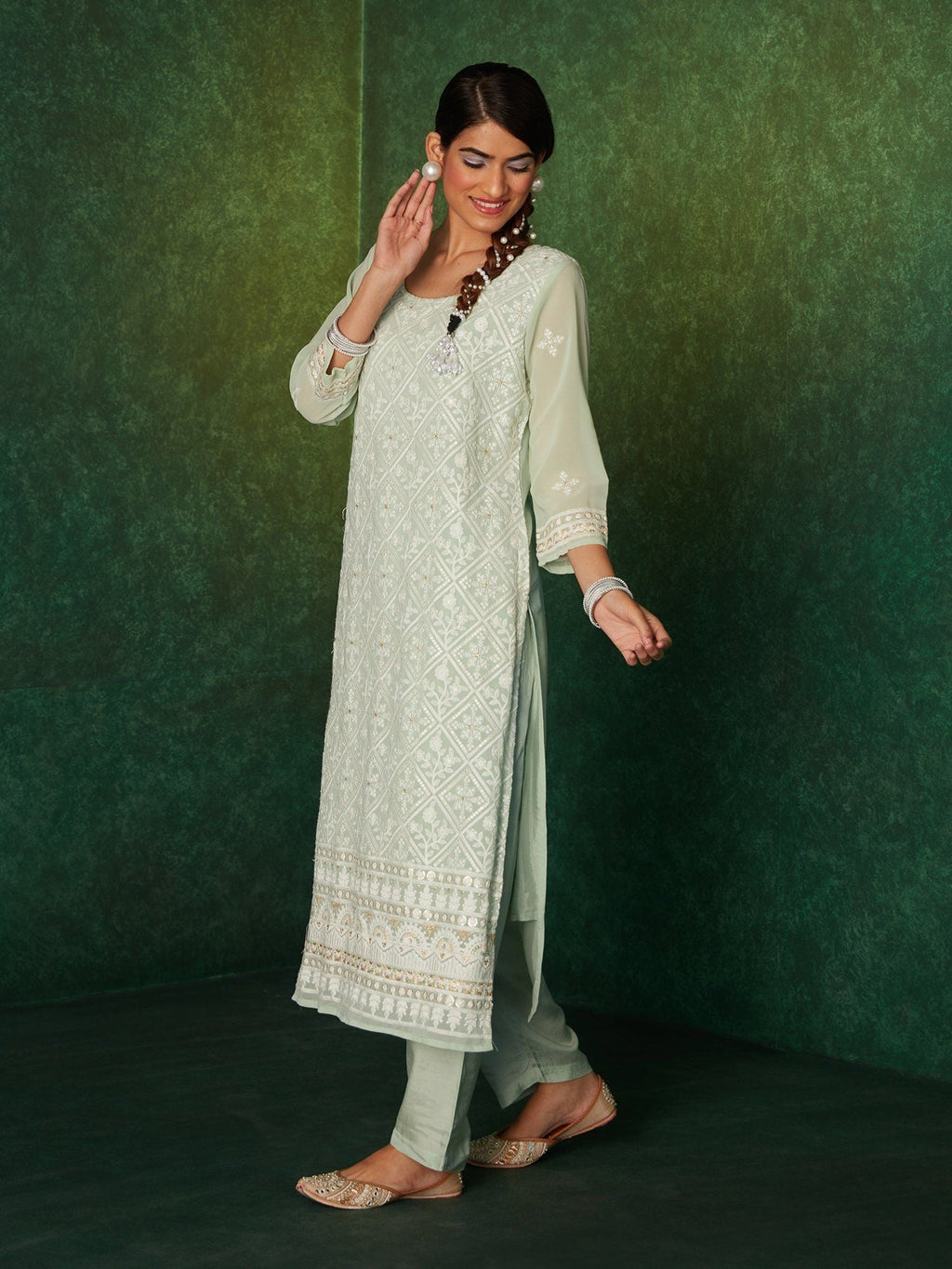 Likha Karigiri Green Heavy Embroidered Kurta, Pant & Dupatta LIKSKD165 (Set of 3) - S