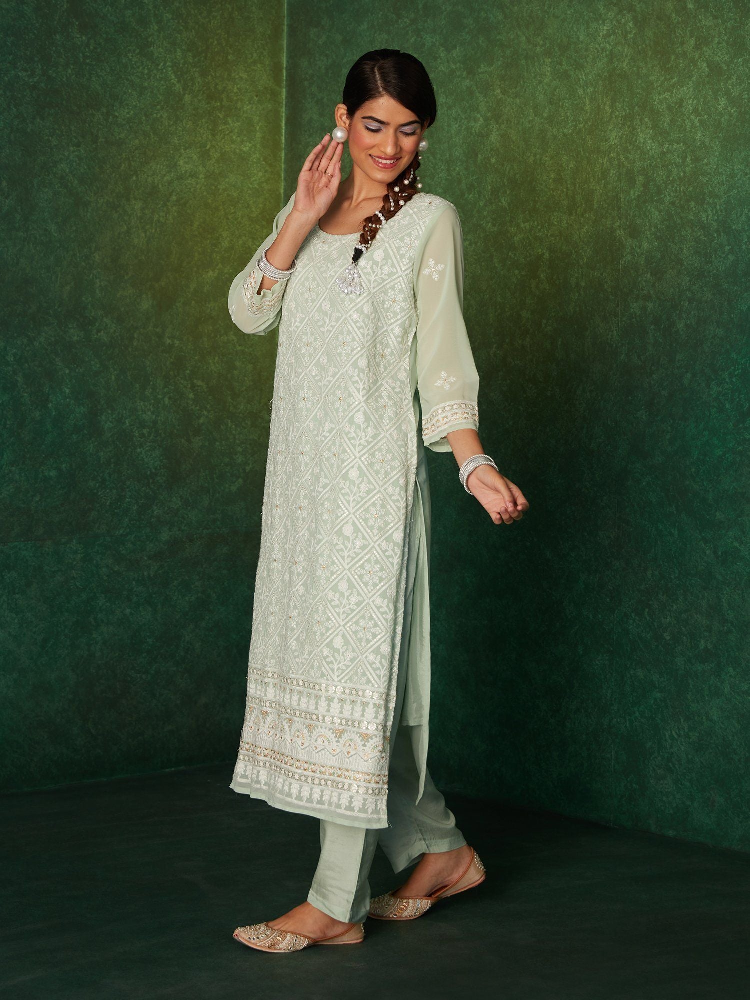 Likha Karigiri Green Heavy Embroidered Kurta, Pant & Dupatta LIKSKD165 (Set of 3) - S