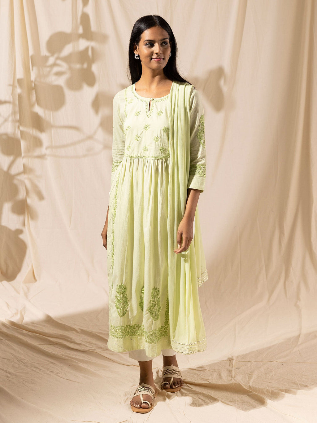 Likha Mint Naira Cut Kurta Palazzo Dupatta with Chikankari Embroidery LIKSKD32 (Set of 3) - L