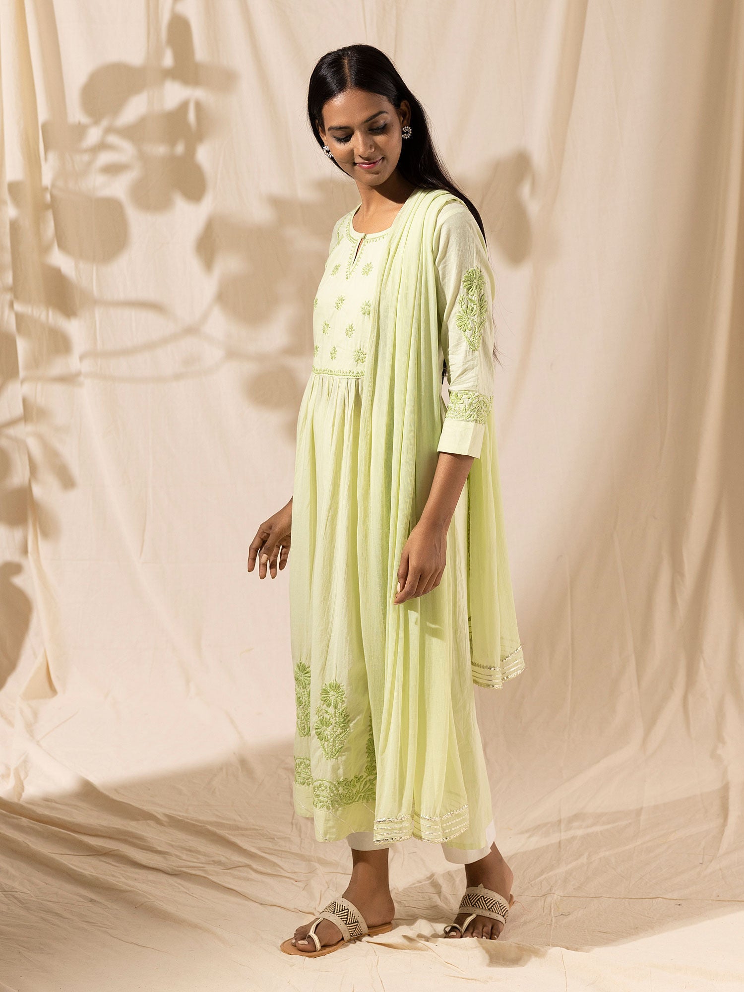 Likha Mint Naira Cut Kurta Palazzo Dupatta with Chikankari Embroidery LIKSKD32 (Set of 3) - L